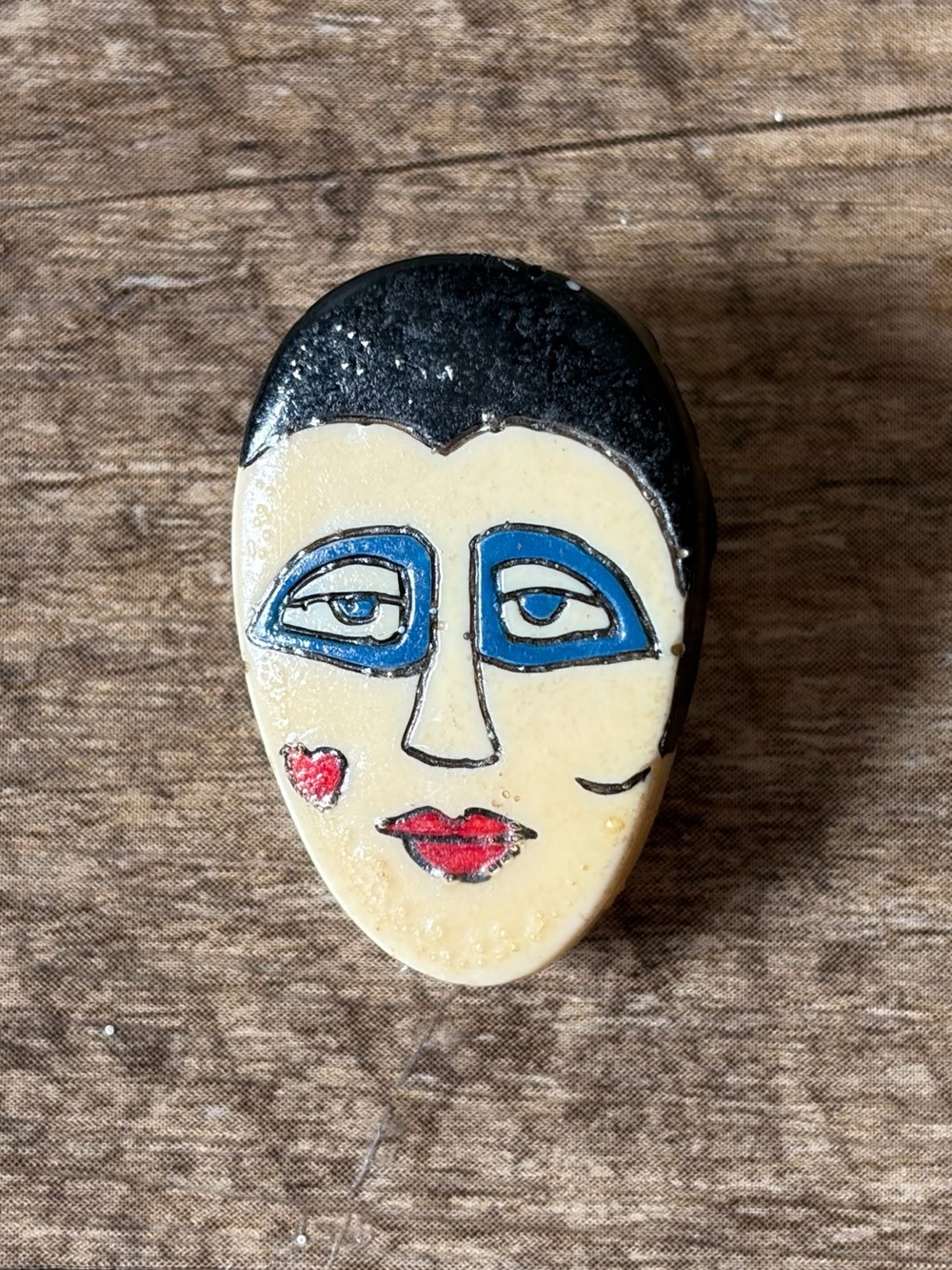 Vintage Hand Painted Folk Art Face Brooch Jewelry Art To Wear